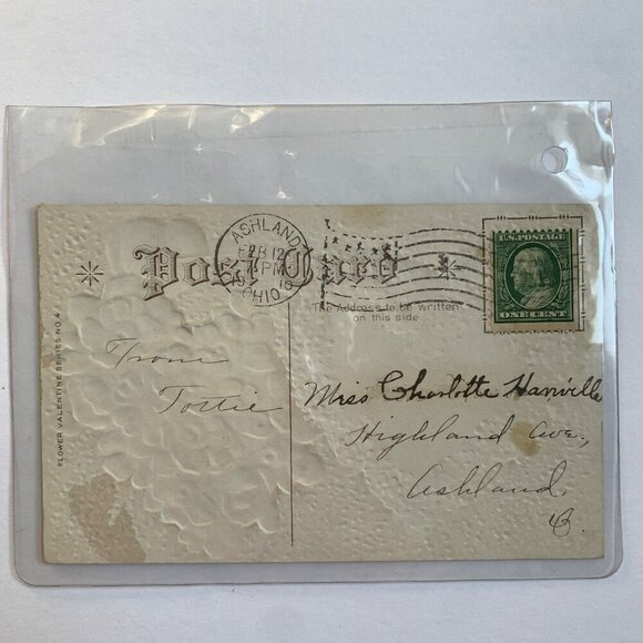 1910 Antique Valentine's Day Postcard Blue flowers Hearts - Picture 2 of 3